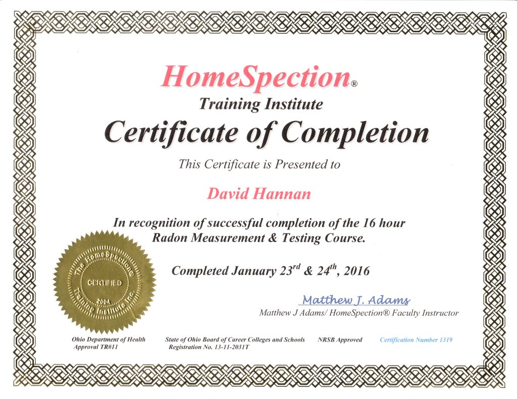 Certificate of Completion Radon Measurement